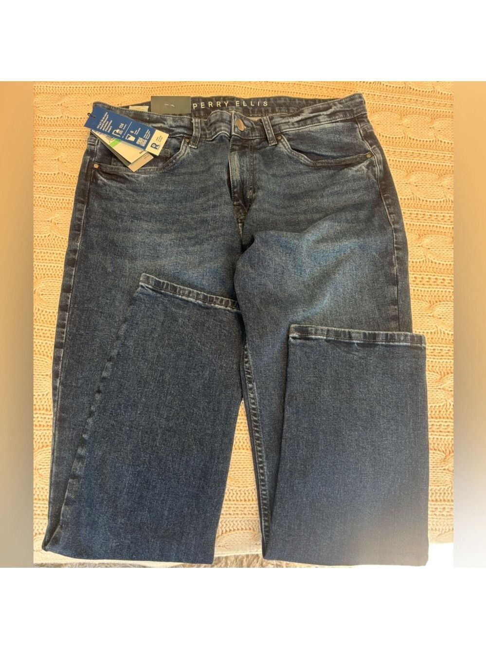 Perry Ellis Blue Denim Slim Fit Stretch Jeans with Straight Leg Cut 34 X 30